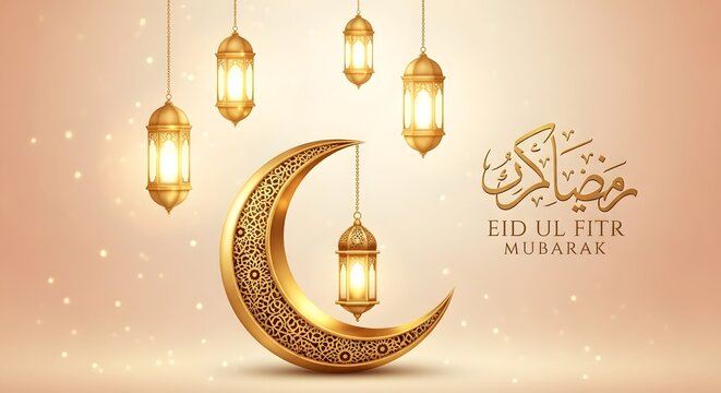 Eid mubarak eid ul adha golden crescent moon with lanterns islamic holiday greetings