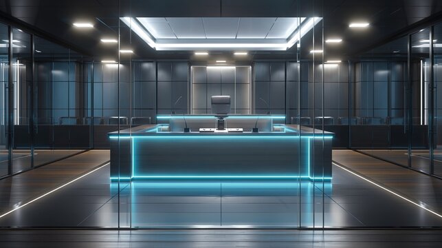 Modern bail bonds agency office with blue neon lighting