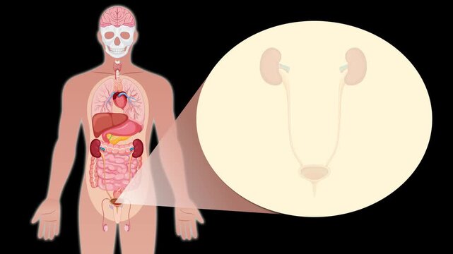 Anatomy animation of human urinary system featuring kidneys ureters and bladder highlighting internal organs on black background.