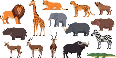 Flat vector collection of African safari animals featuring lion giraffe elephant rhino zebra and cheetah for wildlife design. © Honey!