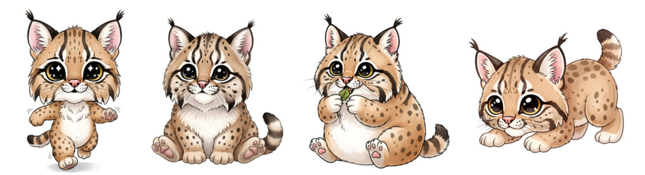 Adorable cartoon bobcat kittens in various poses isolated on transparent background