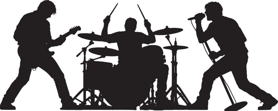 Silhouette of rock band performing on stage with guitar, drums, and microphone