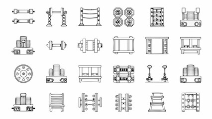 Blueprint of various mechanical components and train parts in black lines © RanjanKumar