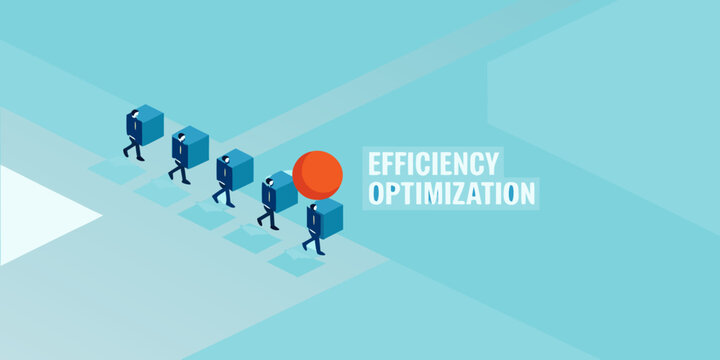 Businessmen walking towards a red sphere labeled efficiency optimization