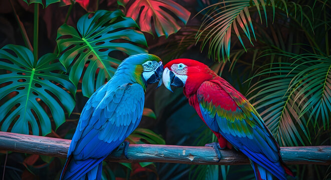 Two parrots facing each other with neon lighting tropical vibrant colorful exotic aesthetic