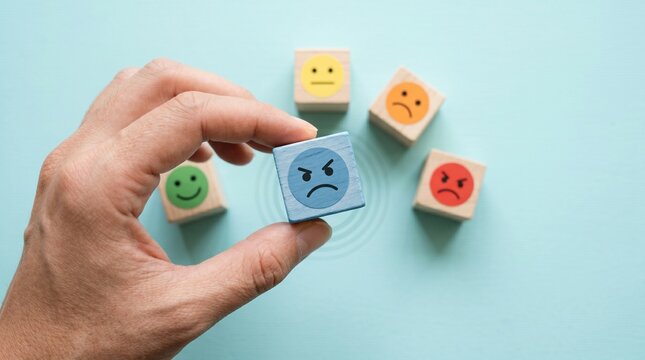 Emotional Selection: A hand delicately holds an emotion block against a pastel backdrop, offering a choice of feelings to represent the user's current mood.