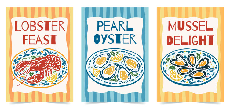 Mediterranean seafood vector poster set with lobster, oysters and mussels on decorative plates. Hand drawn colorful doodle style for kitchen decor, restaurant menu and wall art