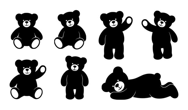 Teddy bear silhouette vector set cute poses black animal illustration