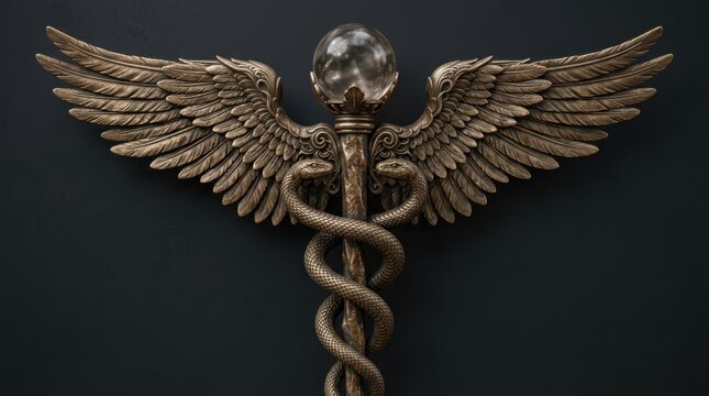 Detailed gold caduceus medical emblem representing healing and pharmacy