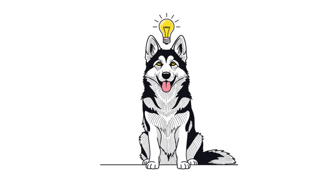Intelligent husky dog sits calmly while a bright yellow lightbulb glows above its head to symbolize a clever idea or inspiration.
