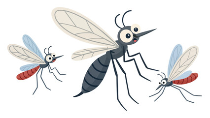 Fototapeta premium A cartoon illustration of three mosquitoes flying together in a white background
