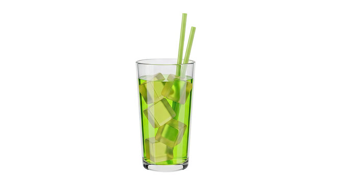 Green Cocktail with Ice Cubes and Straws