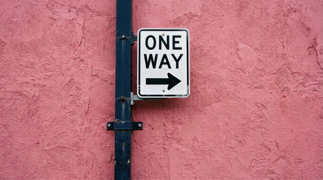 One way traffic sign on a pink textured wall background