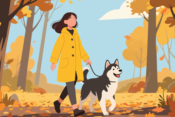 Cartoon autumn walk with person in yellow coat and husky dog among colorful fallen leaves. © HardTeam