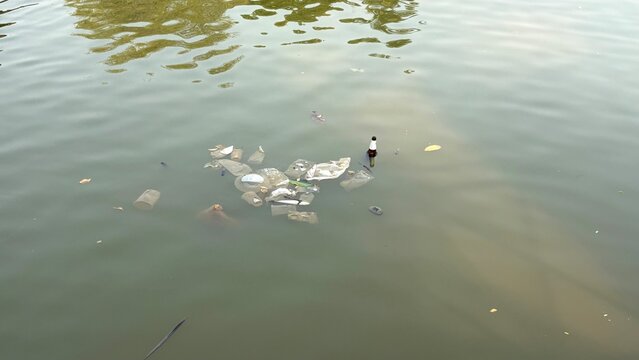 A lot of trash and plastic garbage is floating in the river.