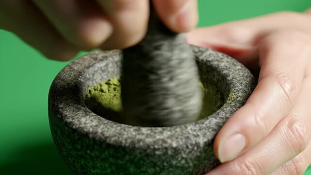 Close up of hands grinding green powder in a stone mortar with pestle against a vibrant green background seamless loop