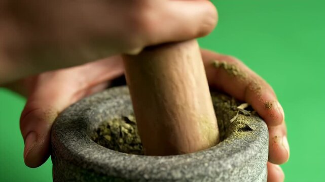 Close Up of Hands Grinding Herbs in a Stone Mortar Pestle on a Vibrant Green Screen Background