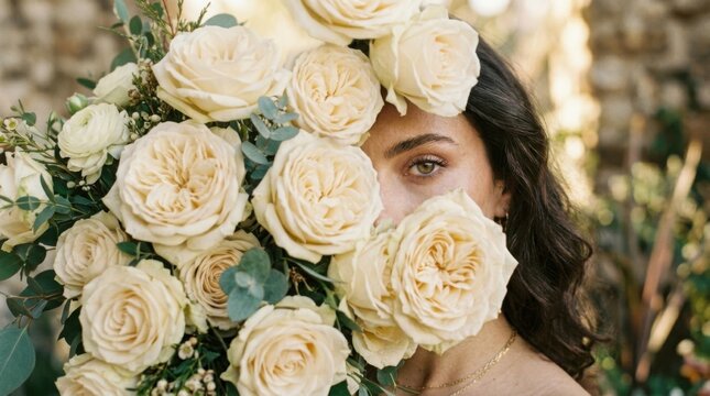Beautiful young woman smiling behind a large bouquet of white roses