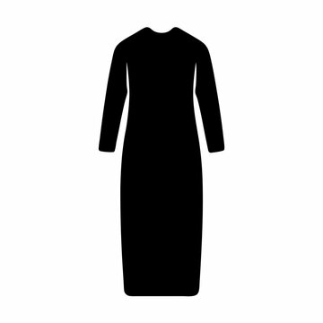 Minimalist black dress silhouette vector, elegant long sleeve maxi dress icon, modest female evening gown apparel illustration for fashion design