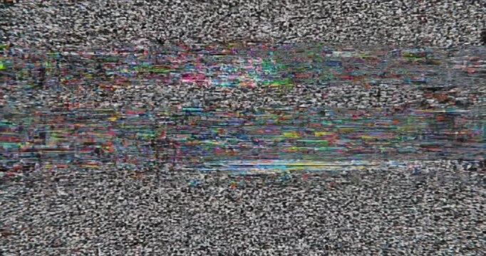 Glitchy screen with colorful noise patterns.