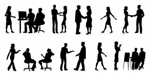 Fototapeta premium Silhouettes of people interacting in various business and social settings
