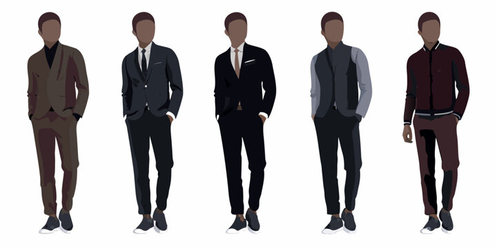 Five male figures showcasing diverse contemporary fashion styles and outfits