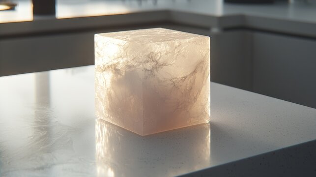 Aerogel sample cube translucent ultra-light material on gray laboratory surface with dramatic side lighting creating transparency effects and ethereal glow