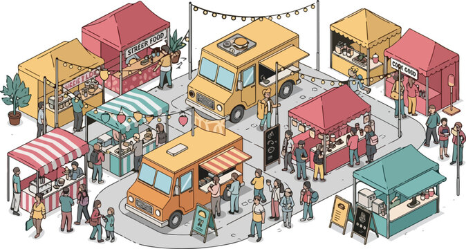 Isometric street food festival with food trucks and market stalls, outdoor summer fair with people and kiosks, urban community event vector illustration with vendors