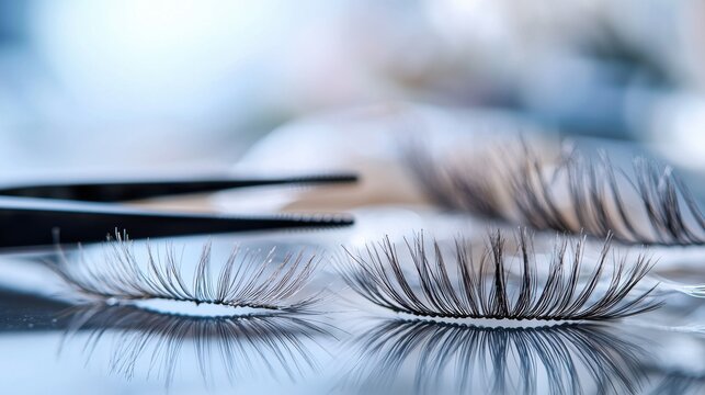 Lash growth direction false eyelash individual lashes macro shot beauty tools tweezers professional application station surface closeup
