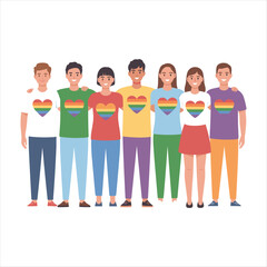 Fototapeta premium Diverse Group of Friends Wearing Rainbow Heart Shirts – LGBTQ+ Pride, Love, Unity and Inclusion Illustration
