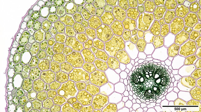 A microscopic view of a pollen grain with a white flower