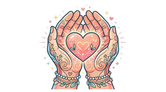 Tattooed hands holding heart symbol.