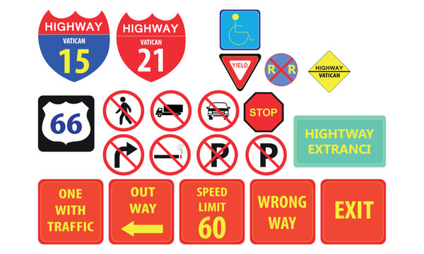 Highway Traffic Road Signs Vector Set Stop Exit Speed Limit Warning Symbol Illustration Collection