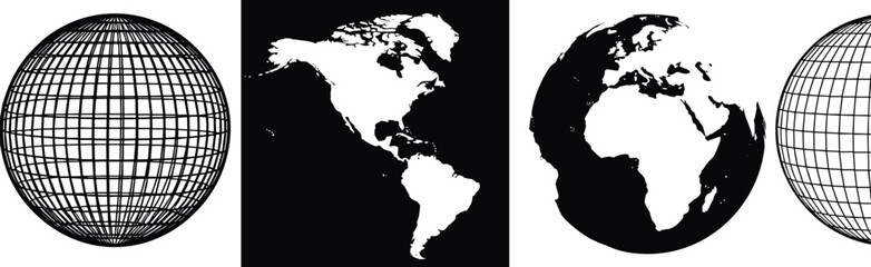 Fototapeta premium Global world map silhouettes and wireframe globe icons set including North America and Europe for international business and logistics vector design.