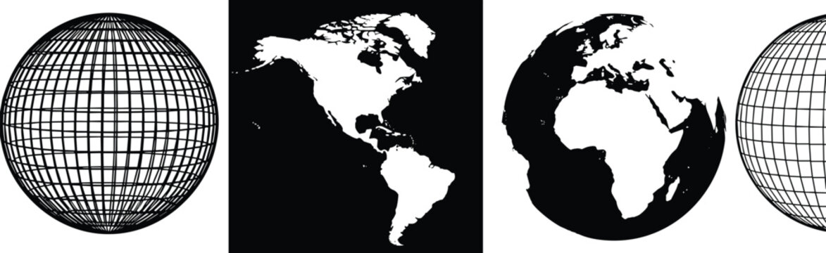 Global world map silhouettes and wireframe globe icons set including North America and Europe for international business and logistics vector design.
