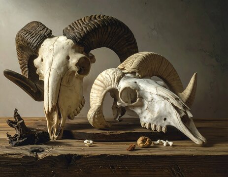 Still life featuring two animal skulls with curved horns atop a rustic wooden table, near small bone fragments