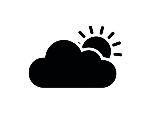 A simple black cloud icon with the sun peeking out from behind it on a white background