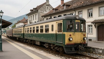 Fototapeta premium Vintage commuter train stopped at small town station