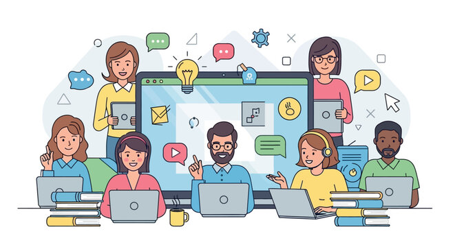 Diverse group of people collaborating on laptops with a large computer screen and icons