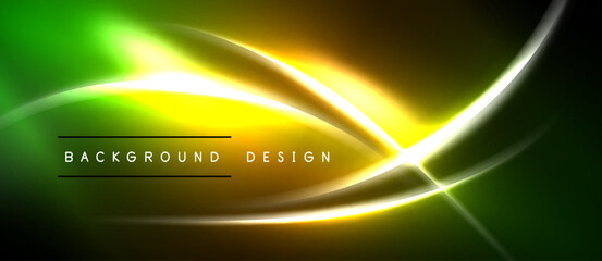 Naklejka premium Abstract neon lines create vibrant green, yellow glow. Dark background emphasizes luminous curves, modern design elements.