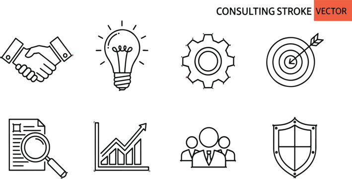 Eight icons representing various consulting and business concepts