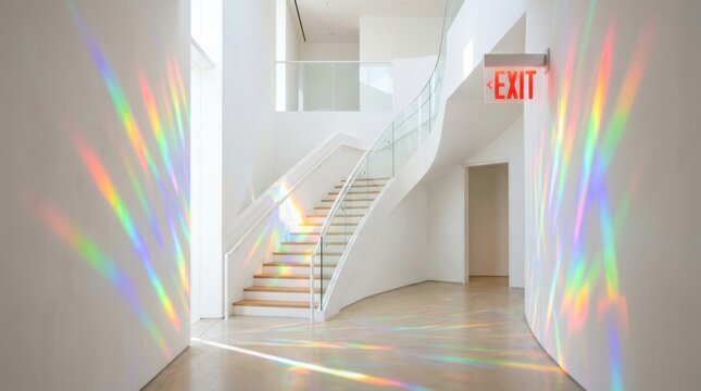 Sunlight hitting a white corridor creating colorful rainbow light patterns