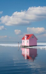 Fototapeta premium Pink house floats on water reflecting sky and clouds under blue