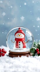 Obraz premium Cute snowman inside a glass snow globe with festive holiday decorations
