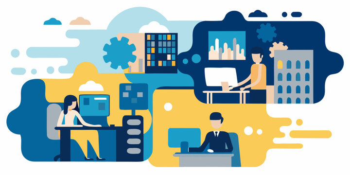 People working on computers in a colorful abstract office environment