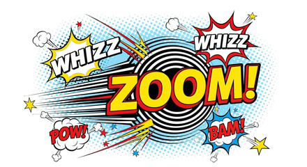 Fototapeta premium Comic book explosion with Zoom Whizz Pow Bam sound effects.