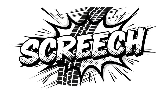 Screech comic sound effect with tire tracks and halftone dots.