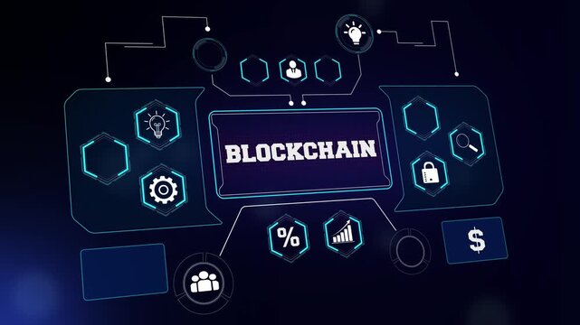 Strategic blockchain interface with icons for corporate trust, decentralized asset reports, and modern investment management backgrounds