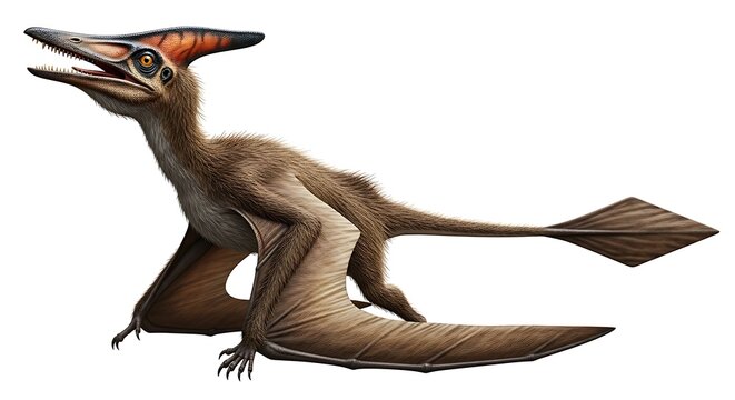 Detailed illustration of a prehistoric flying reptile, a Pterodactyl, with large wings, a distinctive head crest, and a long tail, depicted against a white background.