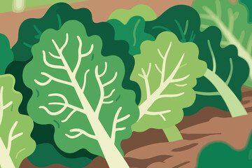 Fototapeta premium Cartoon leafy green plants with broad leaves and veins growing in soil rows in garden.
